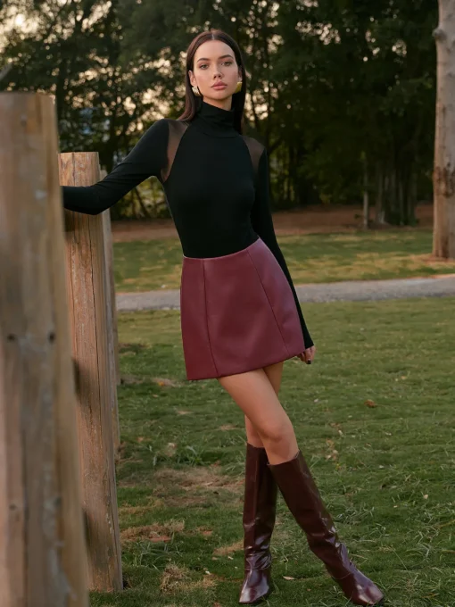 COMMENSE Matching Sets|Bottoms^Mid-Waist Faux Leather Back-Zipper Mini Skirt Burgundy