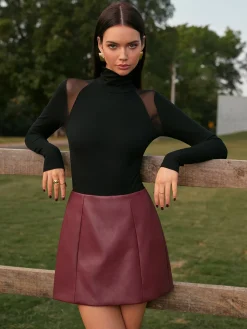 COMMENSE Matching Sets|Bottoms^Mid-Waist Faux Leather Back-Zipper Mini Skirt Burgundy