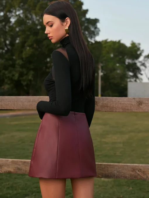 COMMENSE Matching Sets|Bottoms^Mid-Waist Faux Leather Back-Zipper Mini Skirt Burgundy