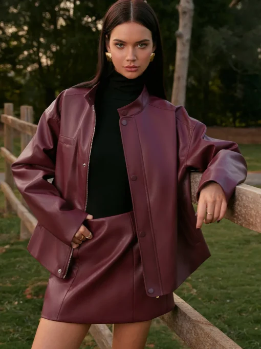 COMMENSE Matching Sets|Bottoms^Mid-Waist Faux Leather Back-Zipper Mini Skirt Burgundy