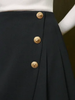COMMENSE Bottoms^Mid-Waist Metal-Detail Pleated Zipper Skirt Black