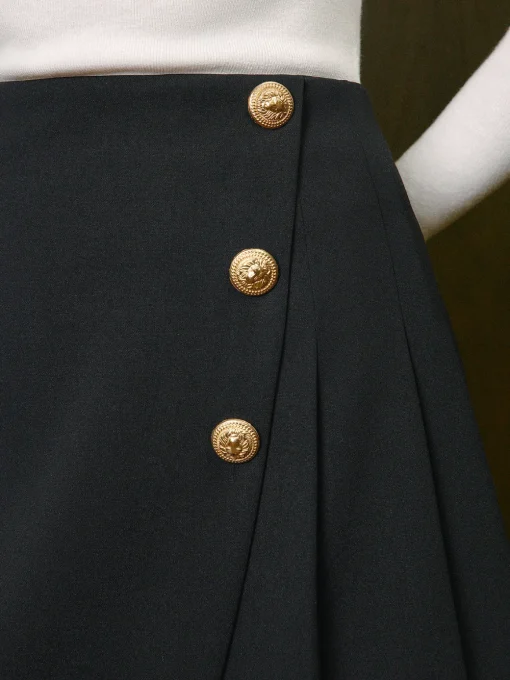 COMMENSE Bottoms^Mid-Waist Metal-Detail Pleated Zipper Skirt Black