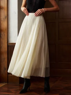 COMMENSE Matching Sets|Bottoms^Mid-Waist Pleated Flowy Skirt Off-White
