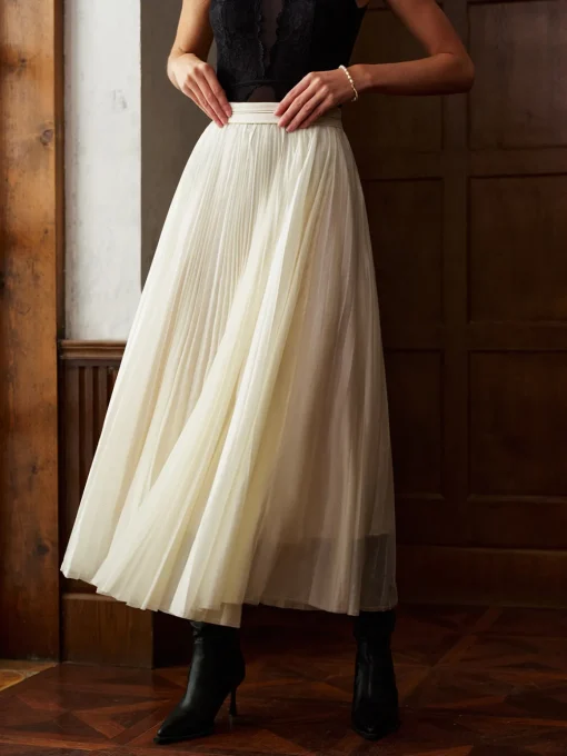 COMMENSE Matching Sets|Bottoms^Mid-Waist Pleated Flowy Skirt Off-White