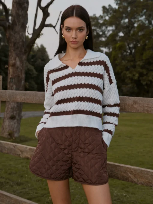 COMMENSE Matching Sets|Bottoms^Mid-Waist Quilted Pockets Shorts Brown