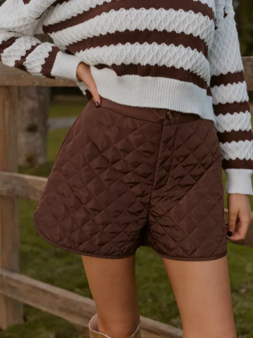 COMMENSE Matching Sets|Bottoms^Mid-Waist Quilted Pockets Shorts Brown