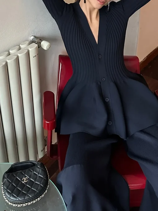 COMMENSE Knitwear|Bottoms^Mid-Waist Ruffle Sweater Pants Navy