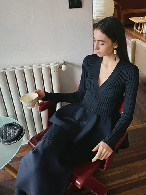 COMMENSE Knitwear|Bottoms^Mid-Waist Ruffle Sweater Pants Navy