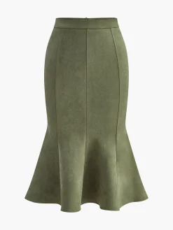 COMMENSE Bottoms^Mid-Waist Suede Pleated Hip-Covering Skirt ArmyGreen