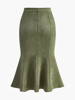 COMMENSE Bottoms^Mid-Waist Suede Pleated Hip-Covering Skirt ArmyGreen