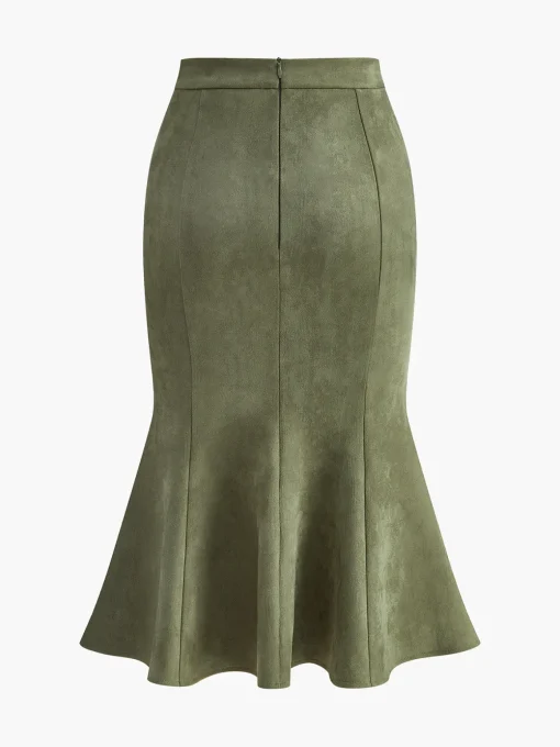 COMMENSE Bottoms^Mid-Waist Suede Pleated Hip-Covering Skirt ArmyGreen
