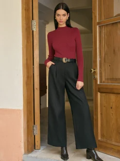 COMMENSE Bottoms^Mid-Waist Tweed Pants Without Belt Black