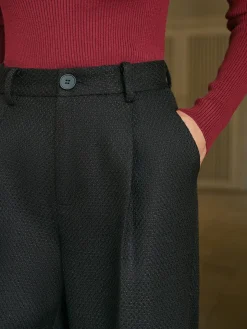 COMMENSE Bottoms^Mid-Waist Tweed Pants Without Belt Black