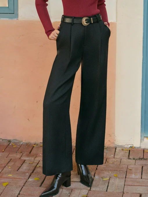 COMMENSE Bottoms^Mid-Waist Tweed Pants Without Belt Black