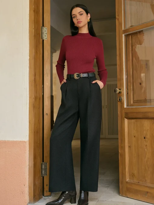 COMMENSE Bottoms^Mid-Waist Tweed Pants Without Belt Black