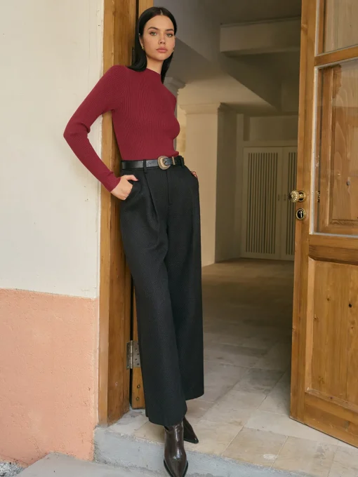 COMMENSE Bottoms^Mid-Waist Tweed Pants Without Belt Black