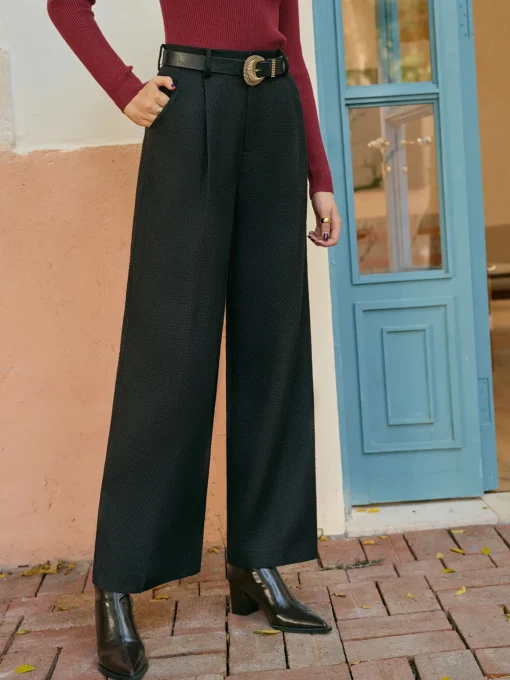 COMMENSE Bottoms^Mid-Waist Tweed Pants Without Belt Black