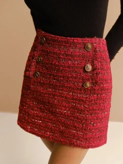 COMMENSE Skirts|Bottoms^Mid-Waist Tweed Zipper Skirt Red