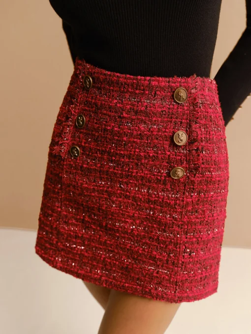 COMMENSE Skirts|Bottoms^Mid-Waist Tweed Zipper Skirt Red