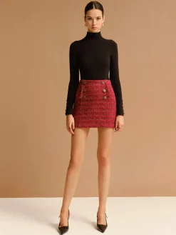 COMMENSE Skirts|Bottoms^Mid-Waist Tweed Zipper Skirt Red