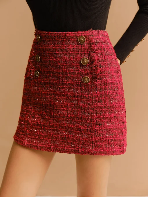 COMMENSE Skirts|Bottoms^Mid-Waist Tweed Zipper Skirt Red