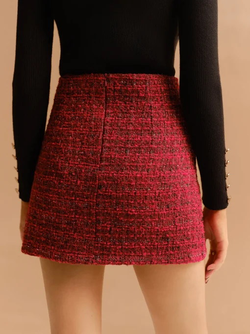 COMMENSE Skirts|Bottoms^Mid-Waist Tweed Zipper Skirt Red