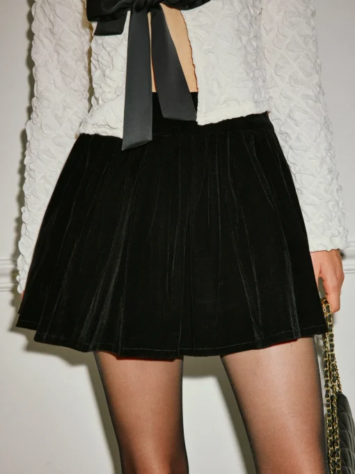 COMMENSE Bottoms^Mid-Waist Umbrella Shape Pleated Skirt Black