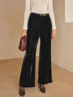 COMMENSE Bottoms^Mid-Waist Velvet Pants Without Belt Black