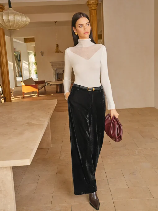 COMMENSE Bottoms^Mid-Waist Velvet Pants Without Belt Black