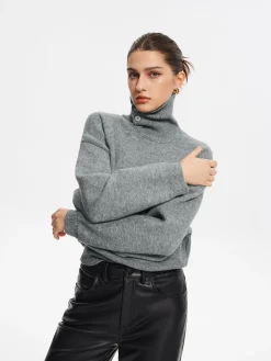 COMMENSE Sweater Tops|Sweaters & Cardigans^Minimalist Button Turtleneck Sweater Grey