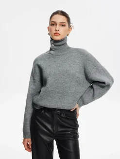 COMMENSE Sweater Tops|Sweaters & Cardigans^Minimalist Button Turtleneck Sweater Grey