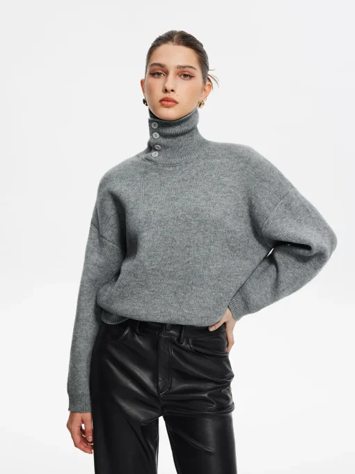 COMMENSE Sweater Tops|Sweaters & Cardigans^Minimalist Button Turtleneck Sweater Grey