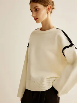 COMMENSE Sweater Tops|Sweaters & Cardigans^Minimalist Embroidered Trim Sweater White