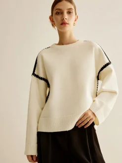 COMMENSE Sweater Tops|Sweaters & Cardigans^Minimalist Embroidered Trim Sweater White