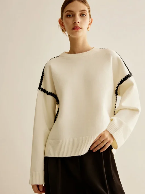 COMMENSE Sweater Tops|Sweaters & Cardigans^Minimalist Embroidered Trim Sweater White