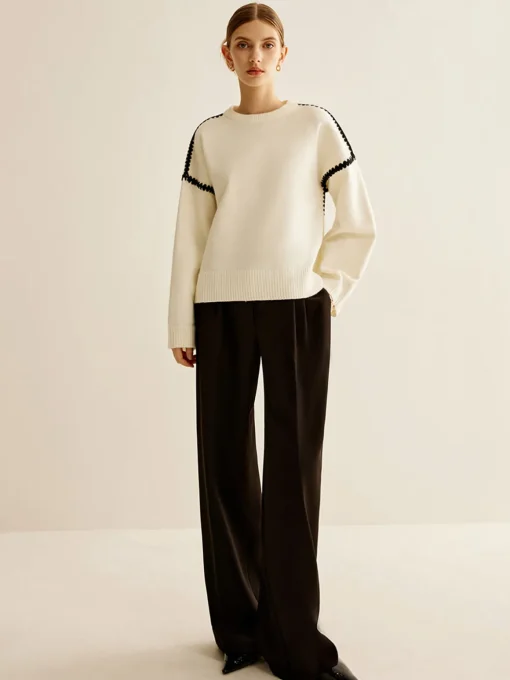 COMMENSE Sweater Tops|Sweaters & Cardigans^Minimalist Embroidered Trim Sweater White