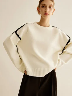 COMMENSE Sweater Tops|Sweaters & Cardigans^Minimalist Embroidered Trim Sweater White