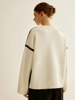 COMMENSE Sweater Tops|Sweaters & Cardigans^Minimalist Embroidered Trim Sweater White