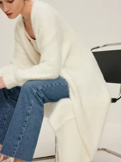 COMMENSE Cardigans|Sweaters & Cardigans^Minimalist Fuzzy Long Cardigan Off-White