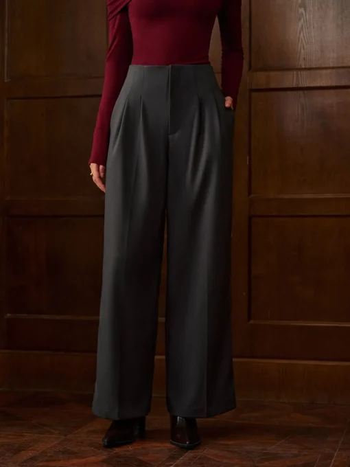 COMMENSE Bottoms^Minimalist High-Waist Wide-Leg Pants Grey