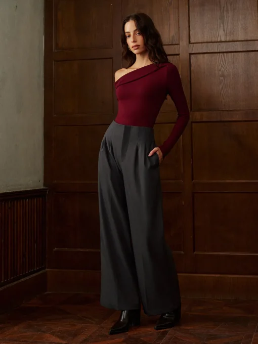 COMMENSE Bottoms^Minimalist High-Waist Wide-Leg Pants Grey