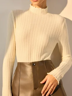 COMMENSE Sweater Tops|Sweaters & Cardigans^Minimalist Lettuce Trim Mock Neck Knit Top Apricot