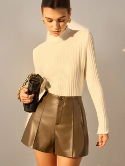COMMENSE Sweater Tops|Sweaters & Cardigans^Minimalist Lettuce Trim Mock Neck Knit Top Apricot