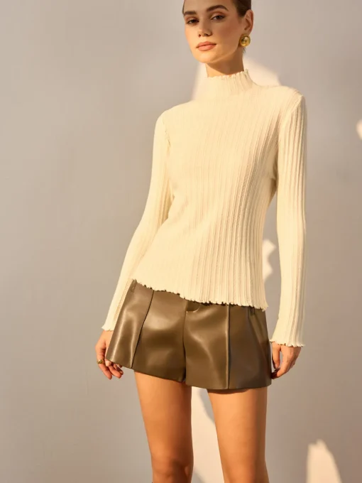 COMMENSE Sweater Tops|Sweaters & Cardigans^Minimalist Lettuce Trim Mock Neck Knit Top Apricot
