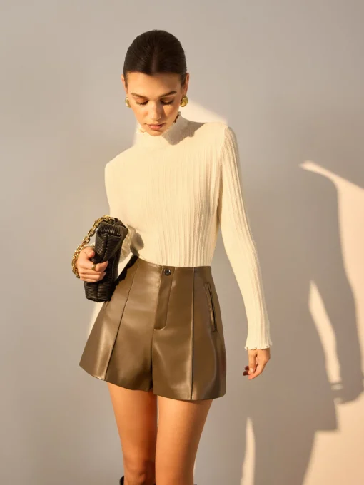 COMMENSE Sweater Tops|Sweaters & Cardigans^Minimalist Lettuce Trim Mock Neck Knit Top Apricot
