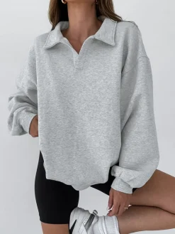 COMMENSE Sweatshirts & Hoodies|Tops^Minimalist Plain Polo Sweatshirt Grey