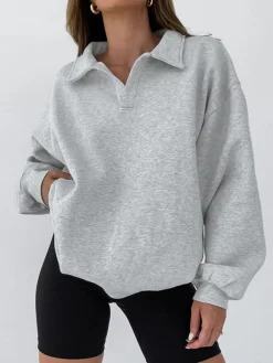 COMMENSE Sweatshirts & Hoodies|Tops^Minimalist Plain Polo Sweatshirt Grey