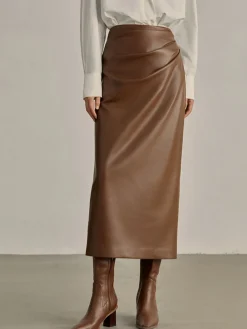 COMMENSE Skirts|Bottoms^Minimalist PU Leather Skirt Brown