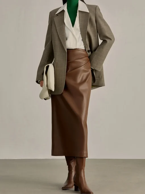 COMMENSE Skirts|Bottoms^Minimalist PU Leather Skirt Brown