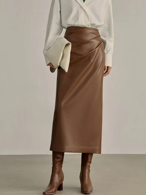 COMMENSE Skirts|Bottoms^Minimalist PU Leather Skirt Brown